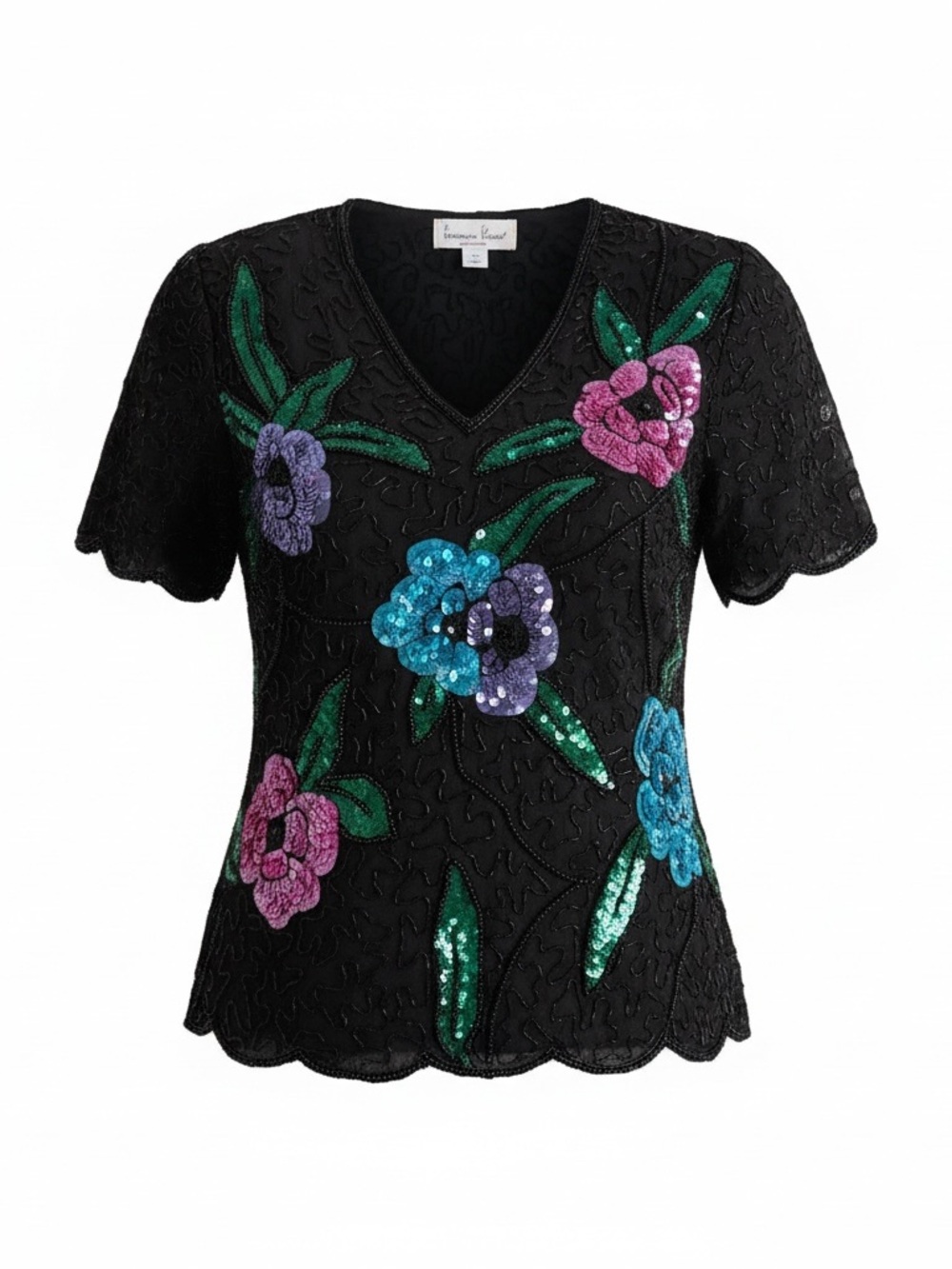 Vintage Laurence Kazar Black V-Neck Beaded Floral Top